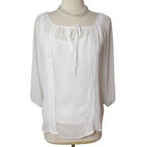 AB Studio Womens Peasant Blouse S White Sheer Lace Trim Layered Fairy Cottage